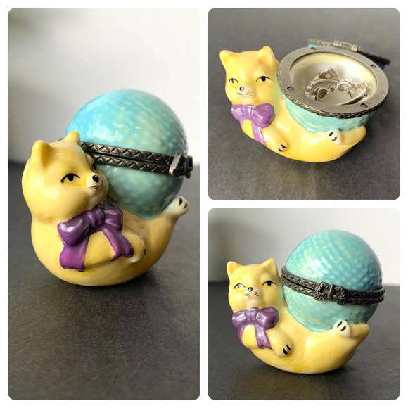 90s Cat Earring or Ring Box Ceramic Jewelry Container Vintage - Picture 1 of 12